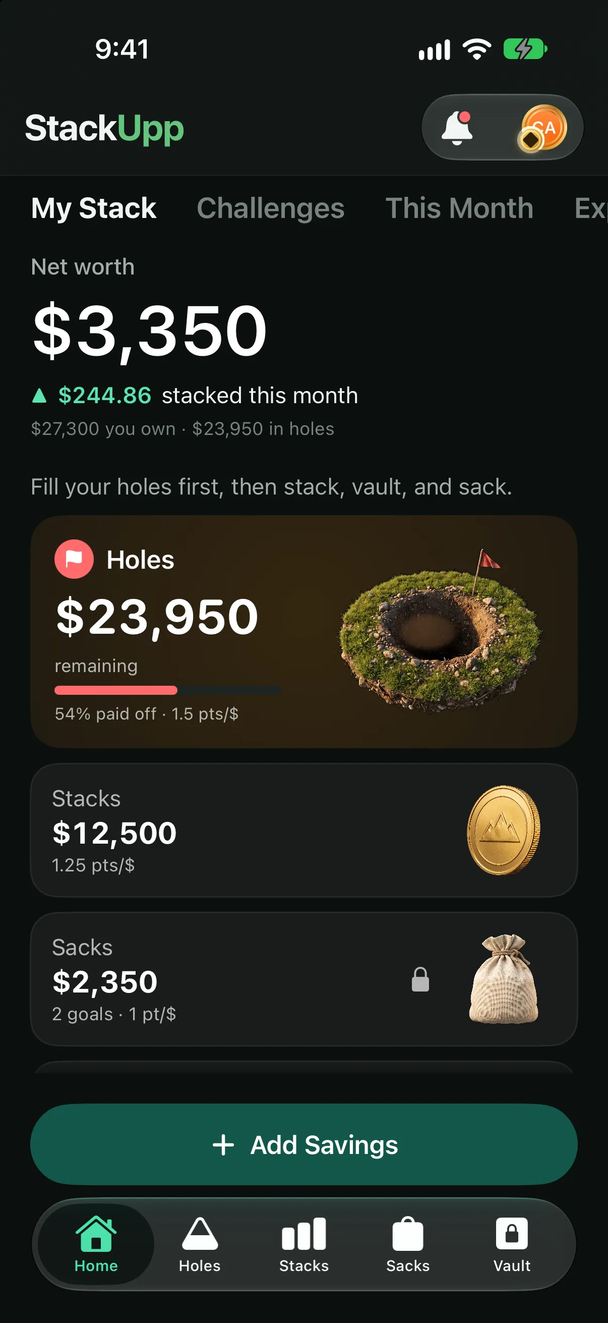 The StackUpp home screen: net worth at the top, then the Holes, Stacks and Sacks pots with their progress