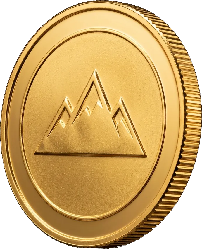 A gold coin stamped with a mountain