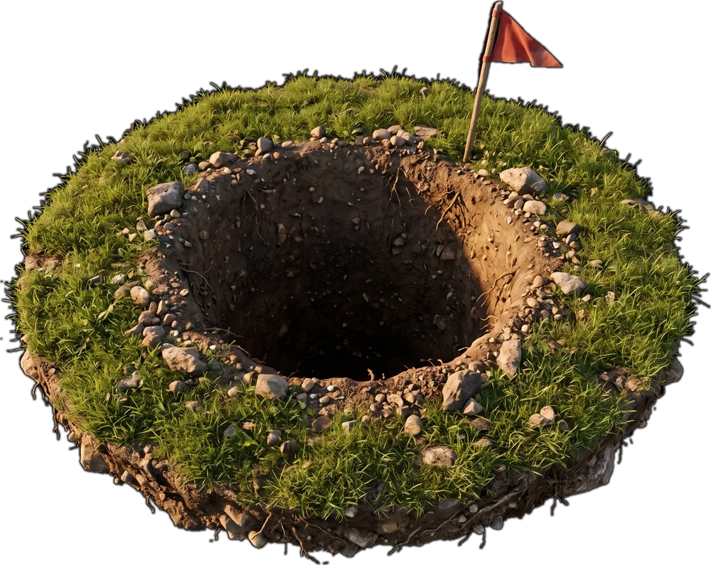 An open hole in a patch of grass with a small flag beside it