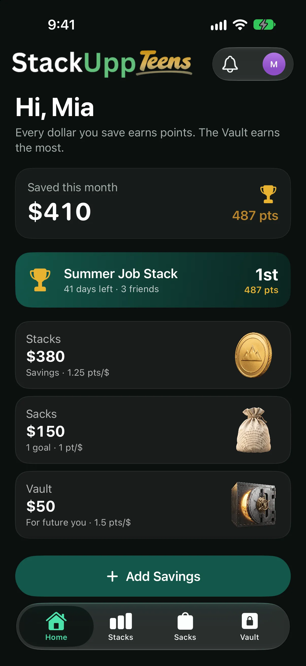 A teen's home screen with saved this month, points and three pots